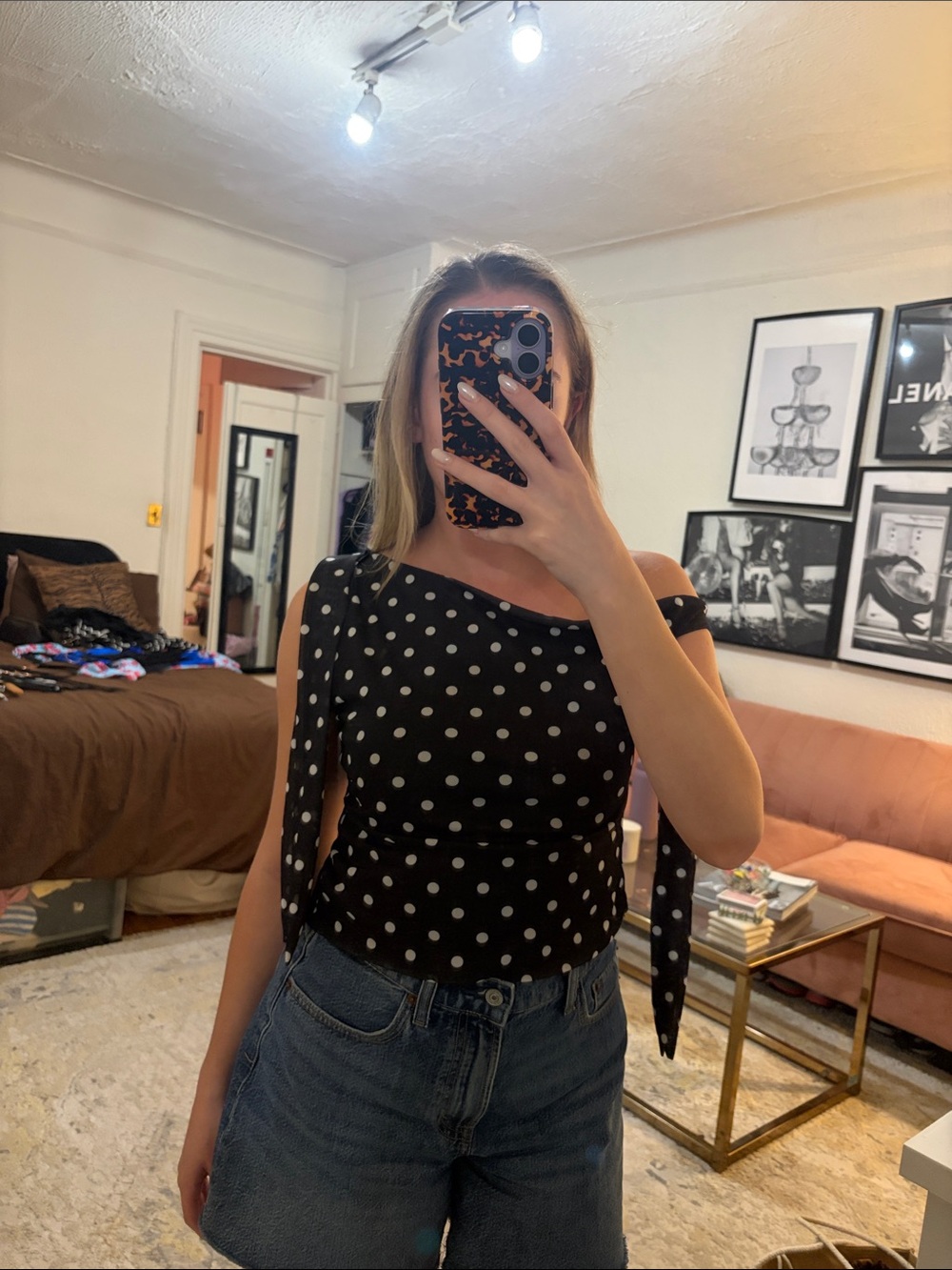Polka Dot One-Shoulder Navy Top